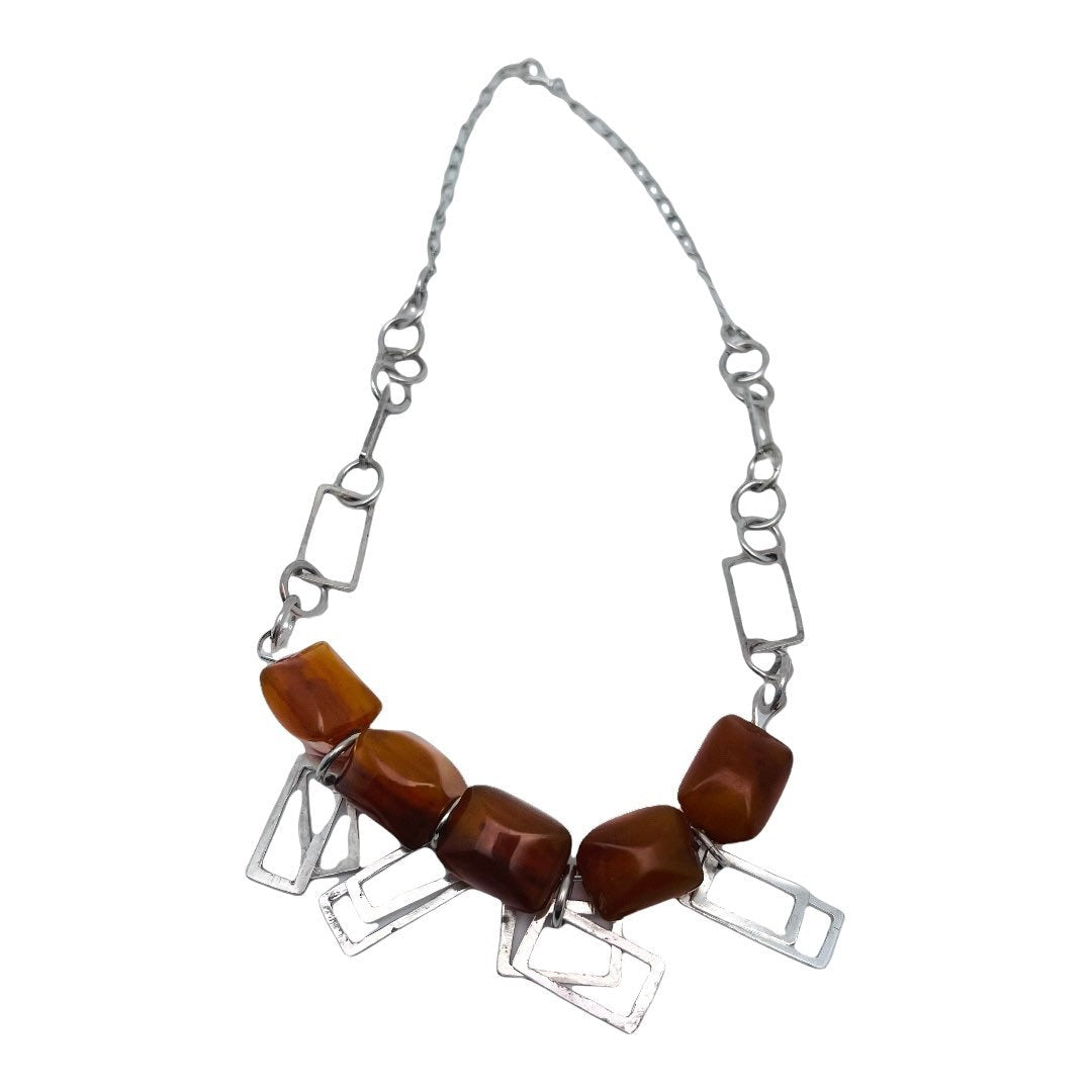 Unique Vintage Bakelite (Tested) Beads and Sterling Silver Geometric Necklace