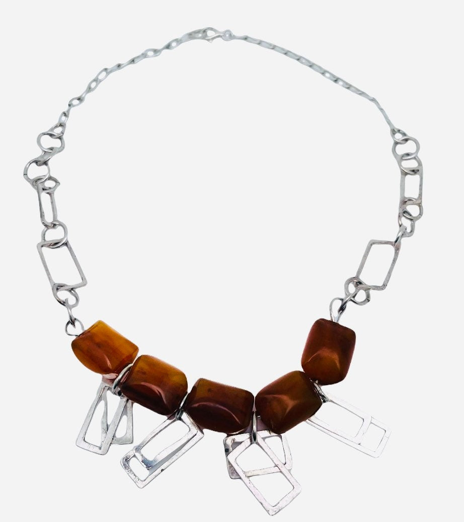 Unique Vintage Bakelite (Tested) Beads and Sterling Silver Geometric Necklace