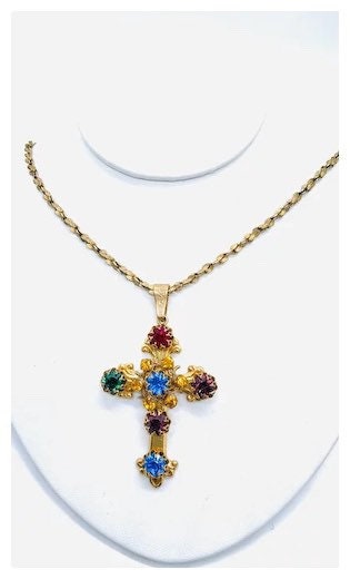 Very Rare Vintage Miriam Haskell Jeweled Cross Pendant & Necklace Excellent Vintage Condition Vintage