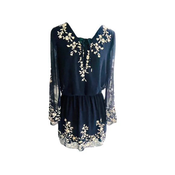 White House Black Market Navy Blue Floral Embroidered Dress Size 2