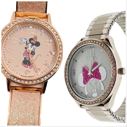 Lot of 2 Disney & Accutime Minnie Mouse Pink/Rose and Rhinestone Watches