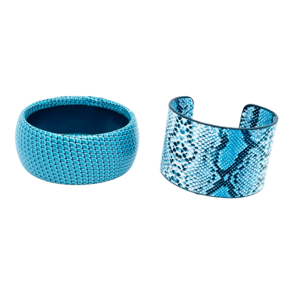 Lot of 2 Aqua Blue Faux Leather Cuff and Bangle Bracelets