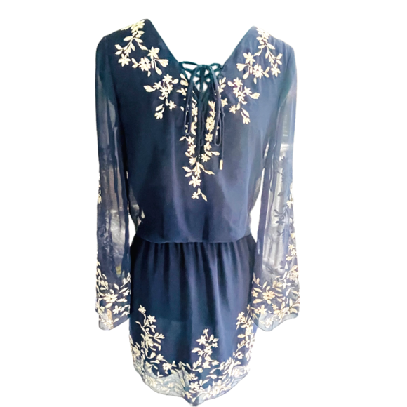 White House Black Market Navy Blue Floral Embroidered Dress Size 2